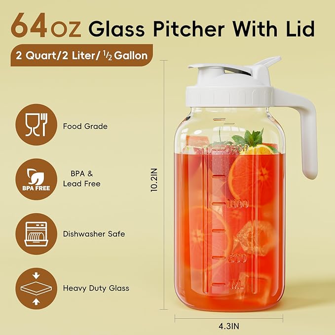 Glass Mason Jar Pitcher, 64 oz Wide Mouth Jug with Pour Spout Handle Lid for Cold Brew Coffee, Ice Beverage, Iced Juice, Lemonade, Sun Tea, Fruit Drinks Container(White) - Image 2