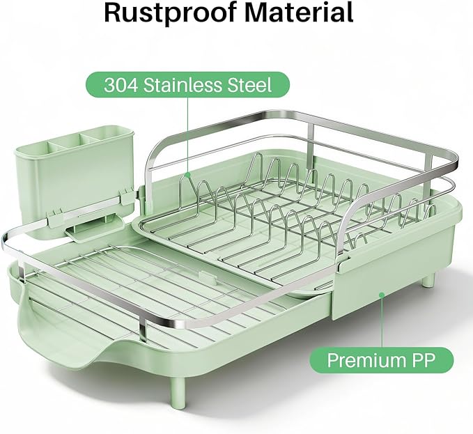 SNTD Dish Drying Rack, Expandable Dish Rack for Kitchen Counter, Stainless Steel Dish Drainer with Drainboard Set and Utensil Holder (Green) - Image 5