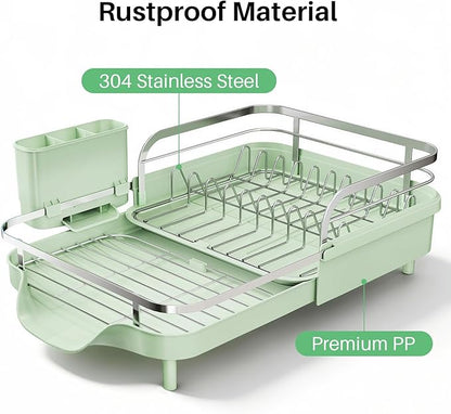SNTD Dish Drying Rack, Expandable Dish Rack for Kitchen Counter, Stainless Steel Dish Drainer with Drainboard Set and Utensil Holder (Green) - Image 5