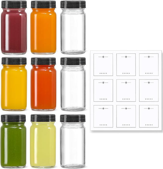 9 Pack, 2 oz Glass Shot Bottles w/ Black Lids & 9 Labels - Small Clear Jar for Ginger, Wellness Shot, Juice, Sample, Whiskey - Travel Essentials Mini Bottles - Wide Mouth, Leakproof, Dishwasher Safe by MakeLifeBetterEasier