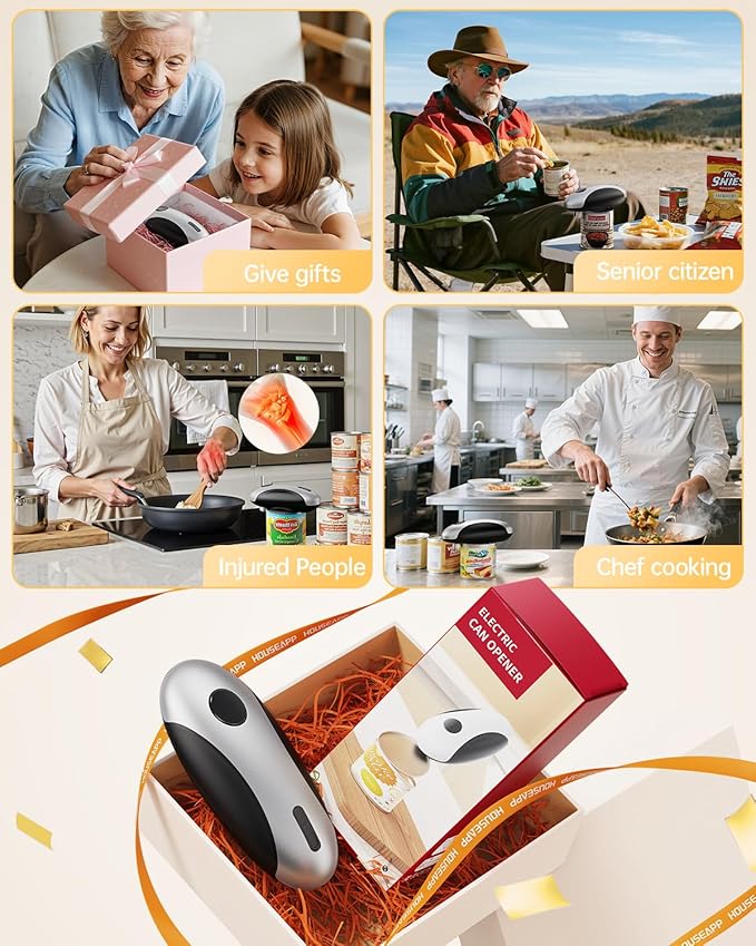 HouseSapp Rechargeable Electric Can Opener - Smooth Edge, One-Touch Automatic Can Opener for Seniors & Arthritis, Hands-Free Can Openers for Kitchen, Type-C Fast Charge, Compact Portable Can Openers - Image 6