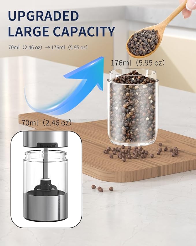 CIRCLE JOY Gravity Electric Salt and Pepper Grinder Set Rechargeable Automatic Pepper Mills with External Adjustable Coarseness, 176ml Large Capacity, Bright LED Light - Image 6