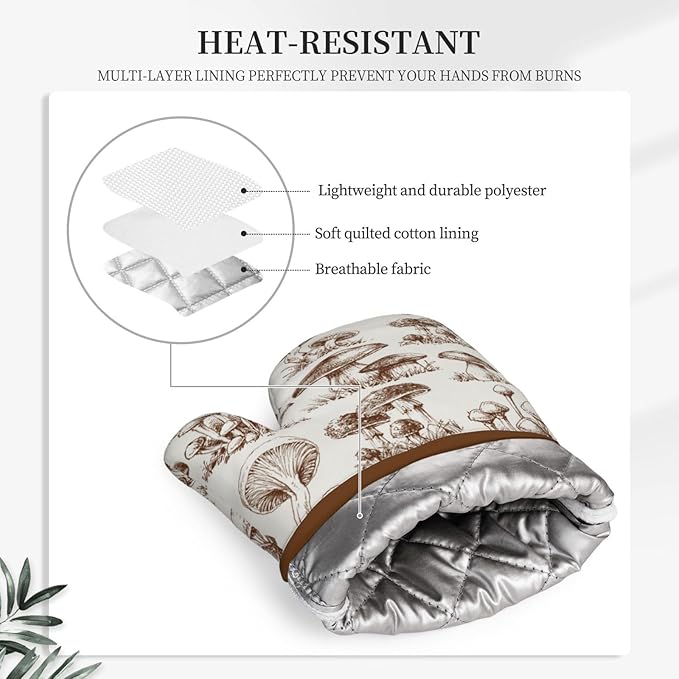 Aesthetics Mushroom Silicone Oven Mitts Pan Mats Set of 2, Heat Resistant Gloves Potholder with Non-Slip Grips Hanging Loops Pot Holder, Spring Summer for Chef Cooking, Baking, Grilling, BBQ