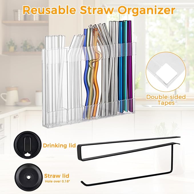 Kitchen Cabinet Straw Holder: Acrylic Organizer and Hanging Lid Rack with Adhesive for Door – Cup Tumbler Accessories Storage Set - Image 5