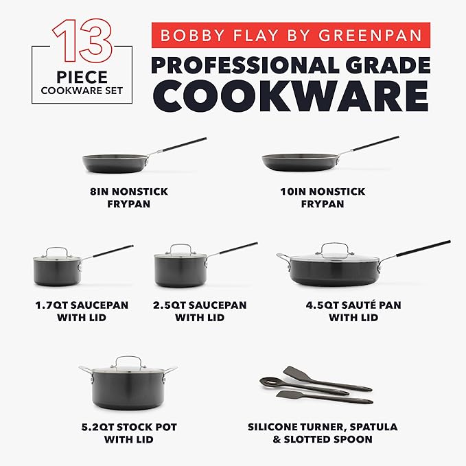 GreenPan x Bobby Flay 13 Piece Nonstick Cookware Pots and Pans Set, PFAS-Free Diamond Ceramic, Induction Suitable, Easy Clean Dishwasher & Oven Safe, Stay-Cool Silicone Handles, Glass Lids, Black - Image 4