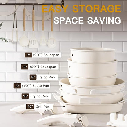 Astercook 23 Pcs Pots and Pans Set Non Stick, Ceramic Cookware Set Detachable Handle, RV Kitchen Cooking Set Removable Handles, Oven Safe, Induction Ready, Stackable, Cream White, Mothers Day Gifts