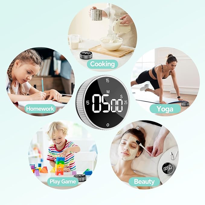 Digital Kitchen Timer with Magnetic, Large LED Display Countdown/Countup Timer, Pomodoro Preset 5/15/25 Mins, Volume & Brightness Adjustable for Cooking Baking Working Studying Silver - Image 8