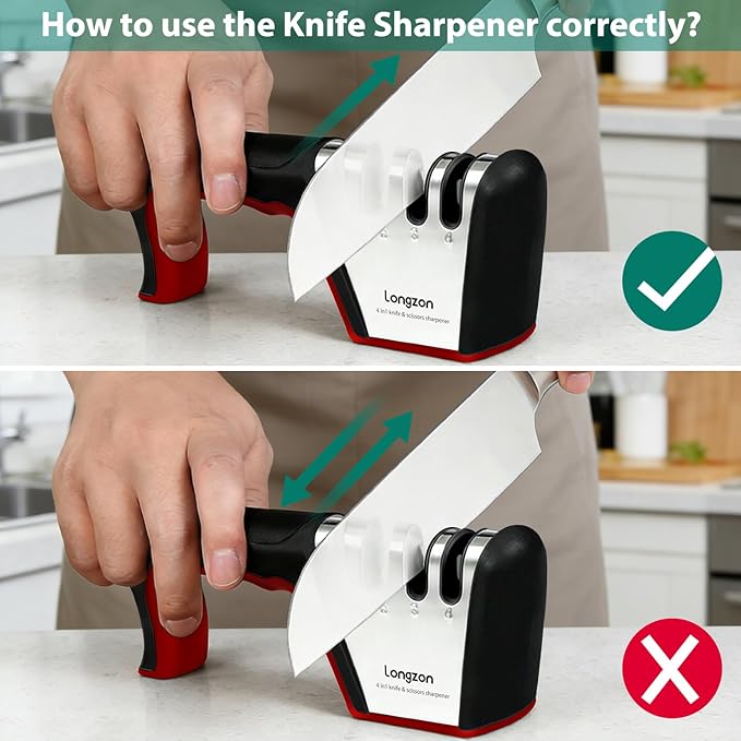 Longzon 5-in-1 Knife Sharpener 4 Stage with Cut-Resistant Glove, Quickly Sharpens & Restores Dull Blades, Easy & Safe for Home Kitchen Use, Fits Most Knives and Scissors, Black+Red - Image 5