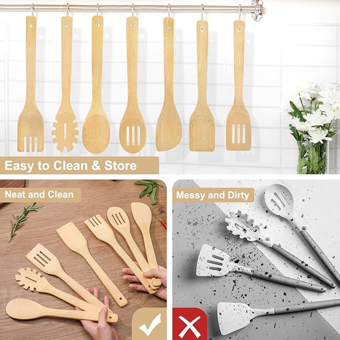 [7-PCS] Wooden Spoons for Cooking is for All Kitchen. Made From Bamboo Wood, Wooden Spatula & Wooden Spoon 11.8 in. and Non-Stick Surface, Suitable for Home & Chef Use or Gift for Someone Special. - Image 6