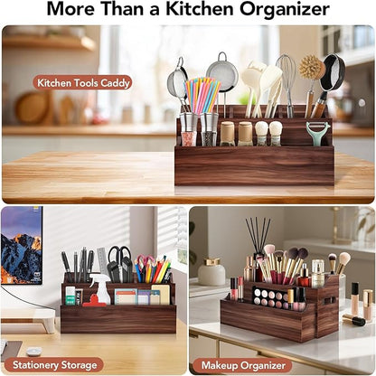 Wooden Kitchen Utensil Holder for Countertop, Large Utensil Organizer with Removeable Dividers, Wall Mount Kitchen Organizer for Cooking Tools & Silverware, with Spoon Rest and Diatomite Base