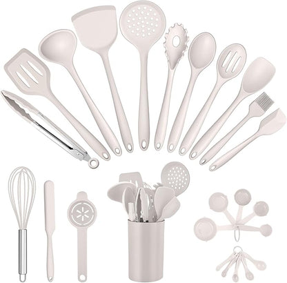 E-far Silicone Cooking Utensils Set, 25 Piece Kitchen Utensils with Holder, Non Toxic Kitchen Tools Spatula, Turner, Spoon, Ladle, Heat Resistant & Dishwasher Safe - Khaki