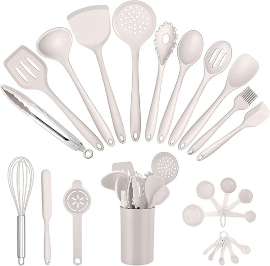 E-far Silicone Cooking Utensils Set, 25 Piece Kitchen Utensils with Holder, Non Toxic Kitchen Tools Spatula, Turner, Spoon, Ladle, Heat Resistant & Dishwasher Safe - Khaki