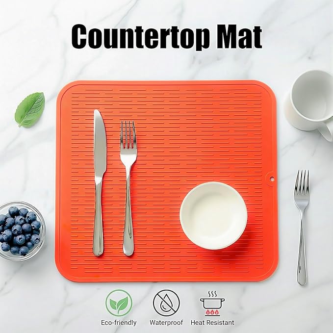 MicoYang Silicone Dish Drying Mat for Multiple Usage,Easy clean,Eco-friendly,Heat-resistant Silicone Mat for Kitchen Counter or Sink,Refrigerator or Drawer Liner Orange XL 18 inches x 16 inches - Image 3