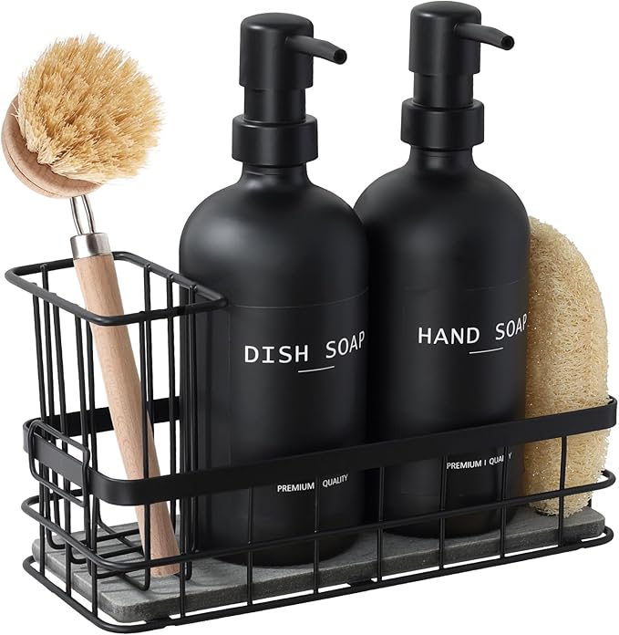 Dish Soap Dispenser for Kitchen, 16.9 fl oz Black Hand and Dish Soap Dispenser Set, Kitchen Soap Dispenser with Sponge Holder, Brush Holder and Loofah Sponge, Countertop Sink Organizer Accessories by RYTOXILOBrightenUpYourHome