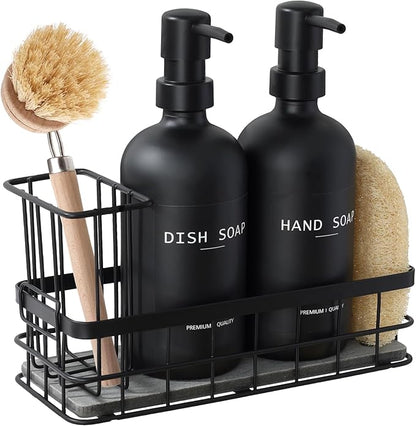 Dish Soap Dispenser for Kitchen, 16.9 fl oz Black Hand and Dish Soap Dispenser Set, Kitchen Soap Dispenser with Sponge Holder, Brush Holder and Loofah Sponge, Countertop Sink Organizer Accessories by RYTOXILOBrightenUpYourHome
