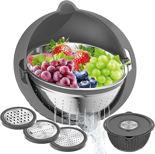 4-in-1 Colander with Bowl Set – Food Strainers and Colanders - Stainless Steel Rotatable Strainer for Fruits & Veggies – Pasta Strainer - Kitchen Essentials - Grey by STOCKPOT