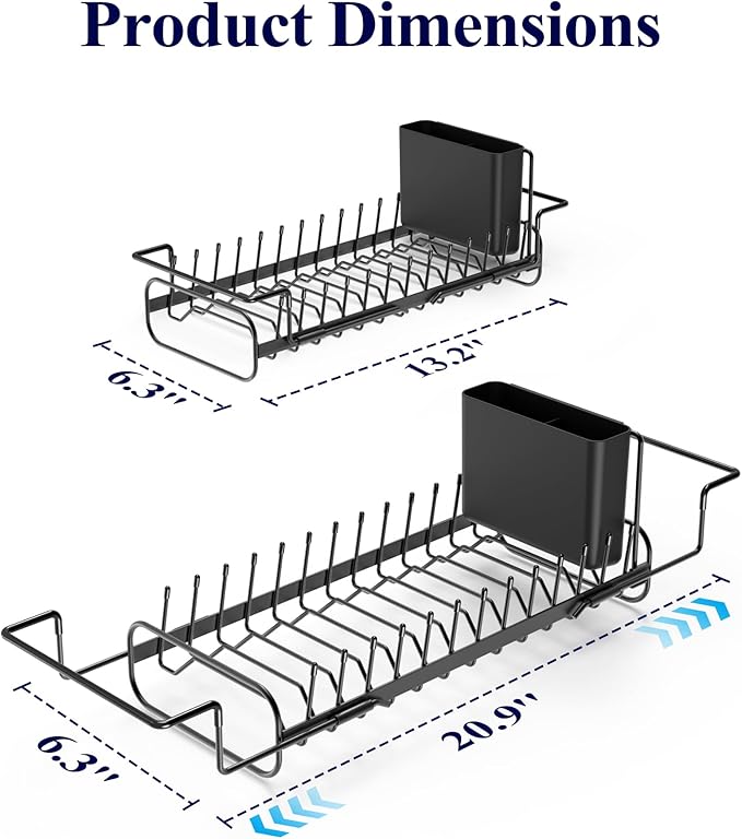 Kitsure Dish Drying Rack - Expandable Dish Rack for Kitchen Counter, Over Sink Or in Sink, Space-Saving Plates Dryer with Cutlery Holder & Drip Tray, 14.0"-20.9" L x 6.3" W x 8.0" H, Black - Image 4