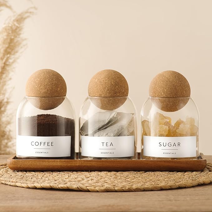 Glass Jars with Cork Lids, 3 Pack Small Decorative Jars with Acacia Tray, Bathroom Qtip and Cotton Ball Holder Set, Cute Coffee Bar Containers for Sugar Candy Tea, Apothecary Jars (17oz) - Image 2