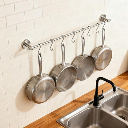 NEWRAIN Pot Rack Wall Mounted, 21 inch Hanging Pot and Pan Hanger, Stainless Steel Kitchen Rail Coffee Mug Rack with 10 S Hooks,Brushed Nickel
