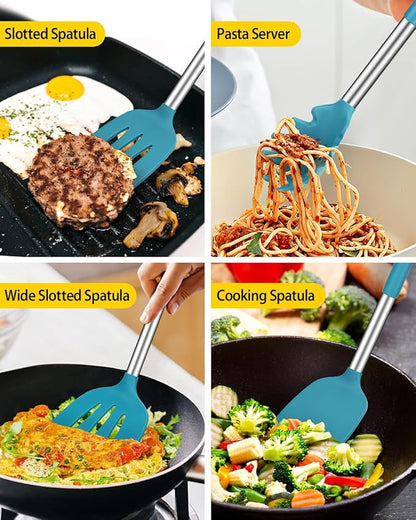 Silicone Cooking Utensil Set, 8Pcs Non-stick Cookware with Stainless Steel Handle, BPA Free Heat Resistant Kitchen Tools with Spatulas, Turners, Spoons, Skimmer and Pasta Fork - Image 3