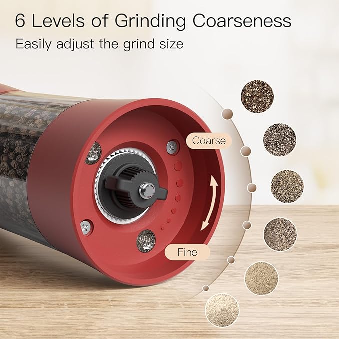 Ultrean Electric Salt and Pepper Grinder Set, USB-C Rechargeable, Salt and Pepper Shakers Spice Mill with 6 Adjustable Coarseness LED Light Larger Capacity, Kitchen Gadget, Gift for Women Mom, Red