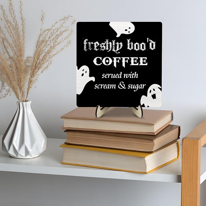 Freshly Boo'd Coffee Wood Sign, Halloween Coffee Bar Decor, Scream Sugar Spooky Season Haunted House Signs Ghosts Fall Shelf Sitter Kitchen Rustic Farmhouse Home Decor Wooden Plaque Sign - Image 4