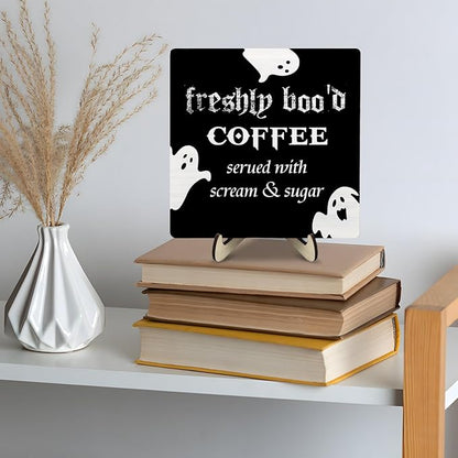 Freshly Boo'd Coffee Wood Sign, Halloween Coffee Bar Decor, Scream Sugar Spooky Season Haunted House Signs Ghosts Fall Shelf Sitter Kitchen Rustic Farmhouse Home Decor Wooden Plaque Sign - Image 4