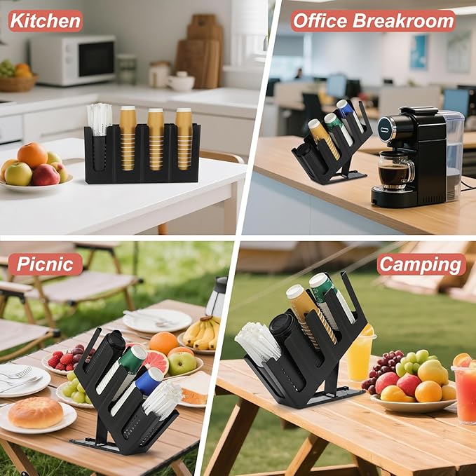 Paper Cup and Lid Holder with Straw Organizer,4 Compartment Adjusting,Coffee Cup Dispenser for Countertop,Coffees Station,Bar Restaurant,Black - Image 6