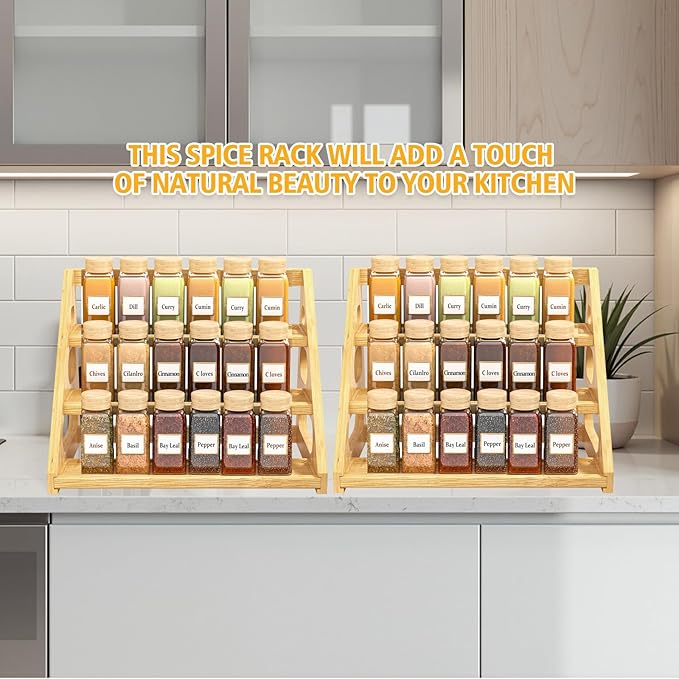 Spice Rack - Tiered Spice Rack Organization for Cabinet - 3 Tier Bamboo Display Spice Shelf for Countertop - Image 6