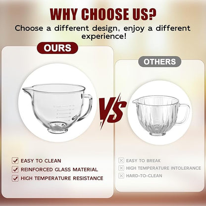 Double-layer Thickened Glass Mixer Bowl For Kitchenaid Tilt-Head Stand Mixers 4.5-5 Quart, 5Qt Mixing Bowl Replacement For Kitchenaid with Measurement Markings & Handle