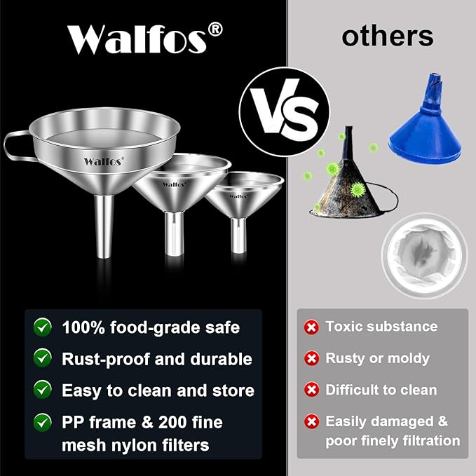 Stainless Steel Funnel, Walfos 3 Different Sizes of Kitchen funnels with 2 Removable Strainer ＆ 1Pcs Cleaning Brush, for Transferring of Liquid, Oils, Jam, Powder - Image 4