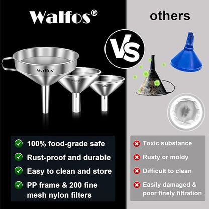 Stainless Steel Funnel, Walfos 4 Pack(4in、3 in、2.2 in、1.7in Kitchen Funnel with 2 Removable Strainer ＆ 1Pcs Cleaning Brush, Perfect for Transferring of Liquid, Oils, Jam, Dry Ingredients & Powder - Image 5