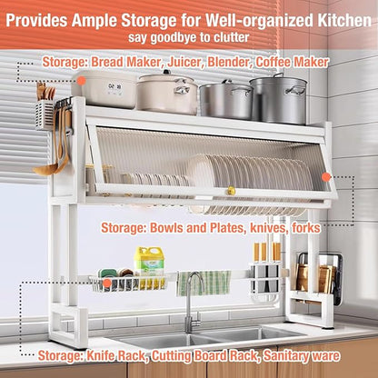 Milkshake White 3 Tier Over Sink Dish Rack Drainer with Cover - Space-Saving Organized Drying Rack for Dishes, Glasses, Bowls, Cutlery - Image 3