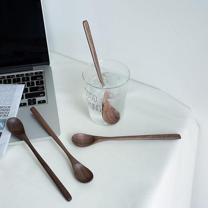 Black Walnut Wood Coffee Spoons, 4 Pcs Spoons for Espresso, Tea, Long Spoon for Stirring, Premium Wooden Spoons Set