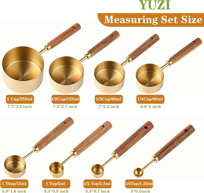 8Pcs Measuring Cups and Spoons Set - Golden Stainless Steel Measuring Cups with Wooden Handle, Metal Measuring Spoons Set Nesting Kitchen Measure Set for Kitchen/Food/Baking (8Pcs Wooden Handle) - Image 2