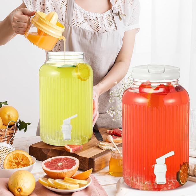 SiliFine 2 Pieces 1 Gallon Plastic Beverage Dispenser with Spigot Striped Clear Large Drink Beverage Dispenser Summer Fridge Water Container with Tap for Party Iced Tea, Sangria, Lemonade (White)