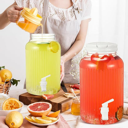 SiliFine 2 Pieces 1 Gallon Plastic Beverage Dispenser with Spigot Striped Clear Large Drink Beverage Dispenser Summer Fridge Water Container with Tap for Party Iced Tea, Sangria, Lemonade (White)