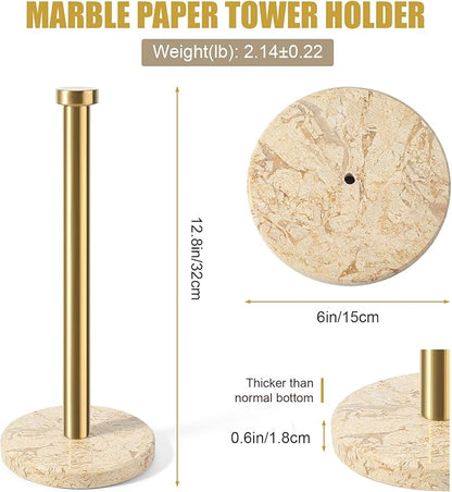 Koville Paper Towel Holder Countertop, Standing Paper Roll Holder with 6" Weighted Marble Base, Stone Paper Towel Holder with Gold Stainless Steel Rod for Kitchen Bathroom (Gold)