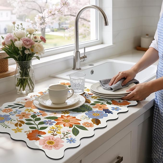 LOKHOM Scalloped Floral Dish Drying Mat, 18"x24" Super Absorbent Coffee Mat with Unique Spring Wildflowers, Cuttable Hide Stain Non-slip Drying Mat for Kitchen Counter Coffee Maker Espresso Machine - Image 8