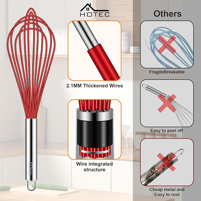 HOTEC 4 Pieces Silicone Whisks Set, Wire Balloon Whisks for cooking Egg Beater, Non-slip Handle Whisk for Non-stick Cookware Perfect for Cooking, Stirring, Beating and Blending (Multicolor) - Image 9