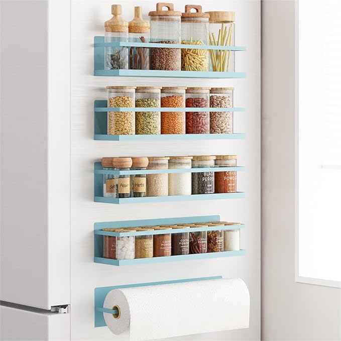 Magnetic Spice Rack For Refrigerator, Space Saving Magnetic Shelf For Fridge Blue 4 Pack With Magnetic Paper Towel Holder - Image 6