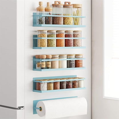 Magnetic Spice Rack For Refrigerator, Space Saving Magnetic Shelf For Fridge Blue 4 Pack With Magnetic Paper Towel Holder - Image 6