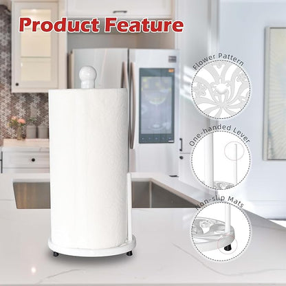 White Cast Iron Paper Towel Holder for Kitchen Countertop - Vintage Floral Standing Dispenser with Heavy Weighted Base, Farmhouse Decor, Fits Jumbo Rolls, One-Handed Tear