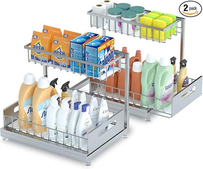 Saydear Under Sink Organizer Storage 2-Tier Premium Metal Pull-Out Kitchen Cabinet Organizer with Sliding Drawer, Height Adjustable, Heavy Duty for Kitchen & Bathroom Organizers 2 Pack Grey by Saydear