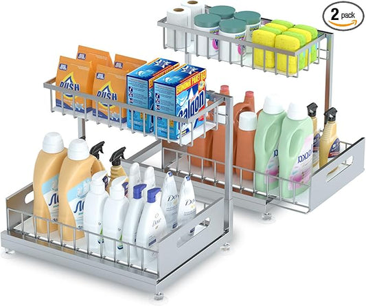 Saydear Under Sink Organizer Storage 2-Tier Premium Metal Pull-Out Kitchen Cabinet Organizer with Sliding Drawer, Height Adjustable, Heavy Duty for Kitchen & Bathroom Organizers 2 Pack Grey by Saydear