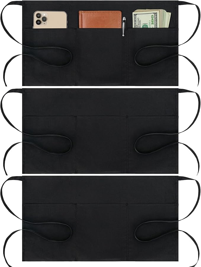 BOHARERS Cotton Server Aprons 3 Pack Waiter Waitress Apron Short Apron with Pockets Restaurant BBQ 12 Inch Black
