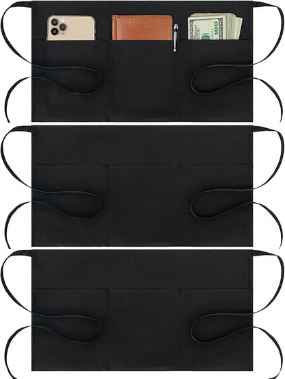 BOHARERS Cotton Server Aprons 3 Pack Waiter Waitress Apron Short Apron with Pockets Restaurant BBQ 12 Inch Black