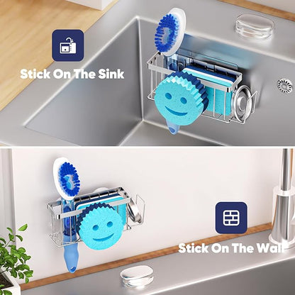MURLONG Sponge Holder for Kitchen Sink,Sink Caddy Smiley Face,4-in-1 Sponge Holder with Suction Cups & 1 PCS Adhesive Strips for Holding Soap,Brush,Scrubber,Sponge,Stopper-Silver - Image 6
