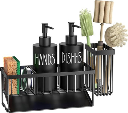 MASADI Kitchen Dish Soap Dispenser Set with Sponge Holder, 12OZ Glass Bottle, Hand and Dish Soap Dispenser Set, Non-Slip Silicone Pad, Brush Holder, Kitchen Sink Organizer Countertop (Black) - Image 9