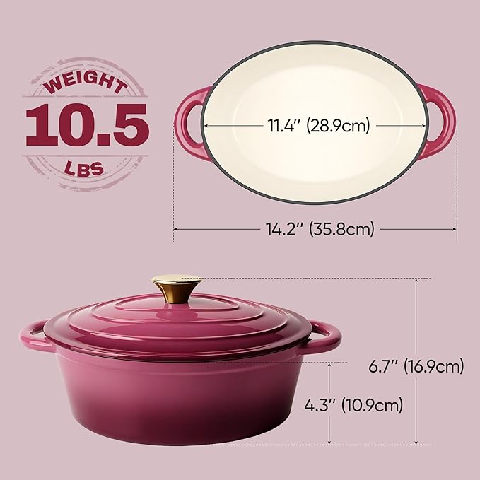 Vintage Style Oval Dutch Oven for Bread Baking, 4.5 Quart Non Stick Enameled Cast Iron Dutch Oven Pot with Lid, Oven Safe Oval Casserole with Lid up to 500°F for Baking, Braising, Stews, Roasting, Rose - Image 4